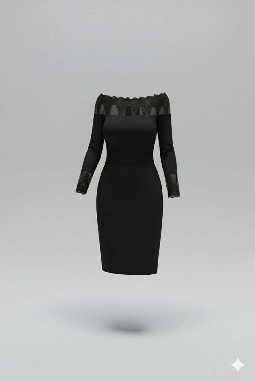 Kadın Uzun Kollu Dantel Detay Madonna Yaka Prenses Elbise