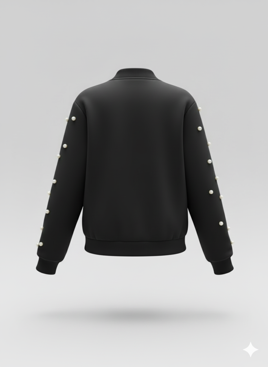 Kadın Uzun Kollu Önden Fermuarlı İnci Detaylı Kısa Modal Ceket