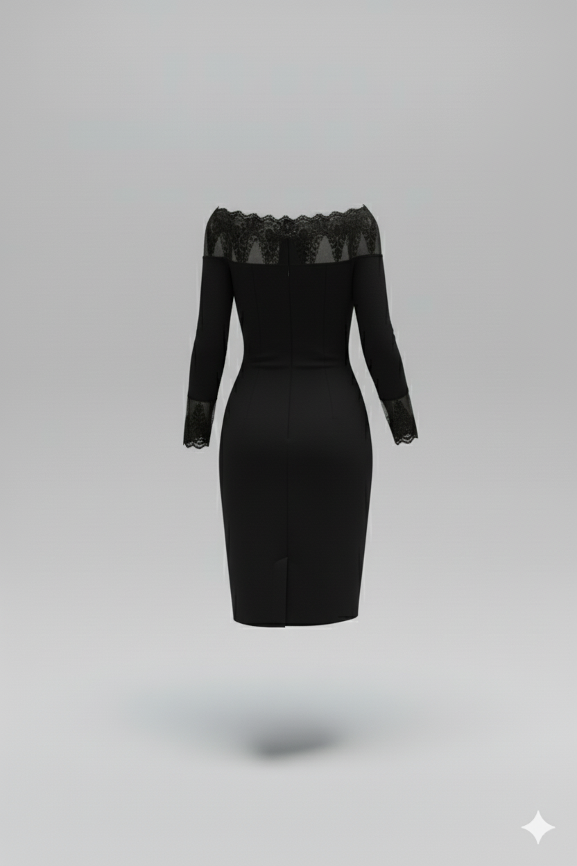 Kadın Uzun Kollu Dantel Detay Madonna Yaka Prenses Elbise