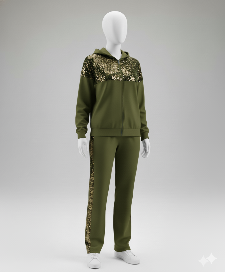 Kadın Önden Fermuarlı Pul Payetli Viskon İki İplik Alt-Üst Takım – Şık & Rahat Set