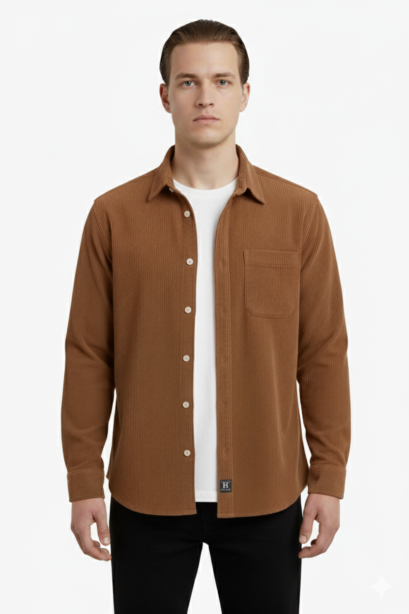 Erkek Fitilli Kadife Gömlek – Oversize Rahat Kalıp, Cepli, Yumuşak Dokulu Şık Üst (Haki)