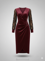 Kadın Kruvaze Yaka Yandan Düğmeli Çapraz Kesim Detaylı Midi Kadife Elbise – Şık & Zarif Tasarım