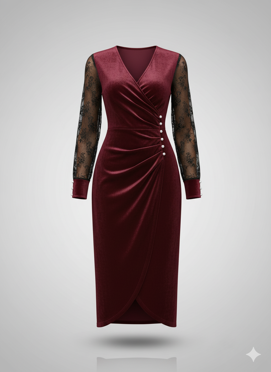 Kadın Kruvaze Yaka Yandan Düğmeli Çapraz Kesim Detaylı Midi Kadife Elbise – Şık & Zarif Tasarım