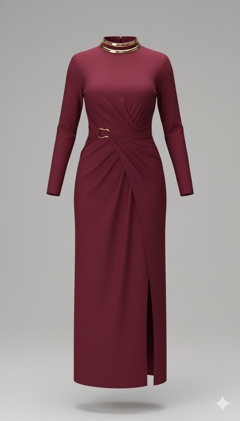 Kadın Balıkçı Yaka Toka Detaylı Sandy Kumaş Midi Elbise