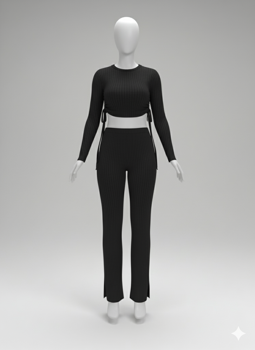 Kadın Yandan Bağlamalı Geniş Paçalı Fitil Kaşkorse İkili Takım | Rahat & Şık Set