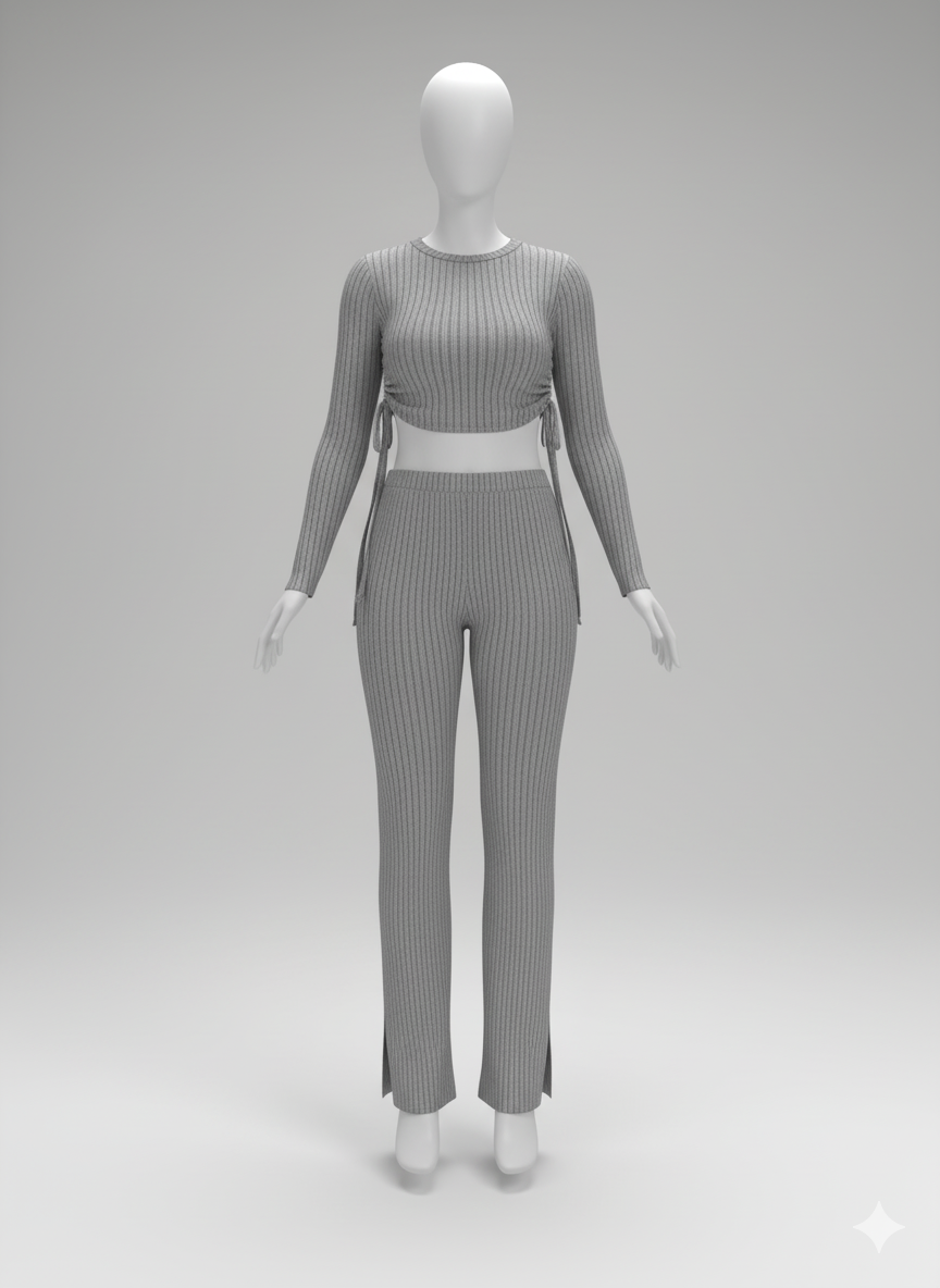 Kadın Yandan Bağlamalı Geniş Paçalı Fitil Kaşkorse İkili Takım | Rahat & Şık Set