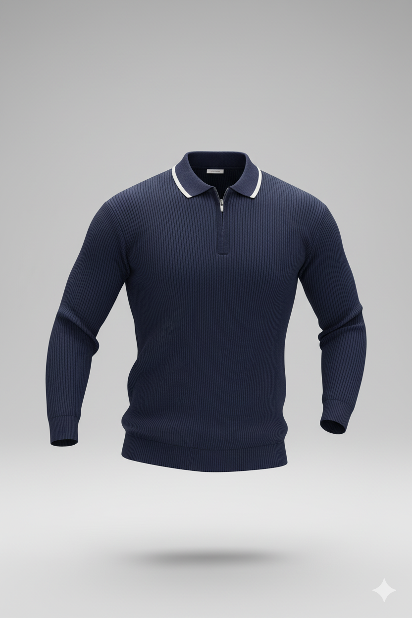 Erkek Fermuarlı Yarım V Yaka Şeritli Triko – Sportif & Şık Tasarım, Rahat Günlük Kazak