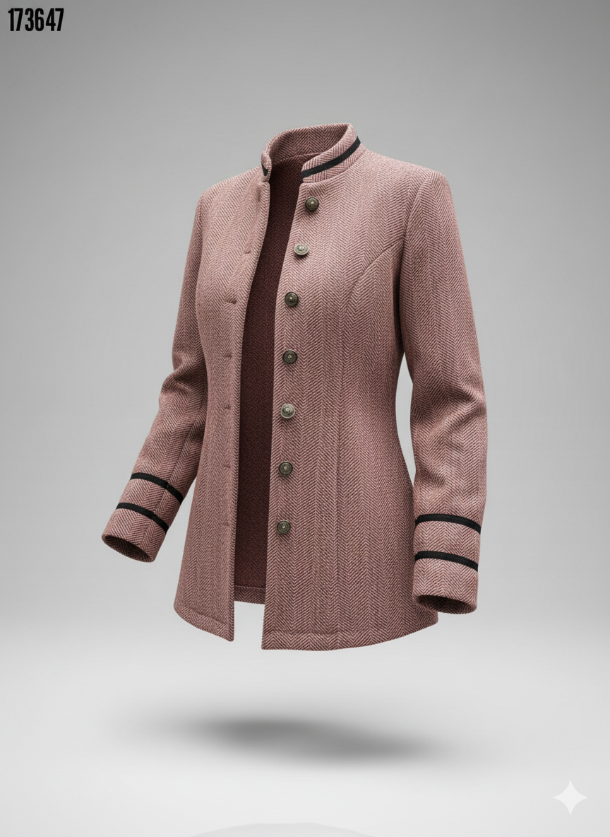 Kadın Hakim Yaka Düğme Detaylı Mini Dokuma Ceket – Şık & Modern Dış Giyim