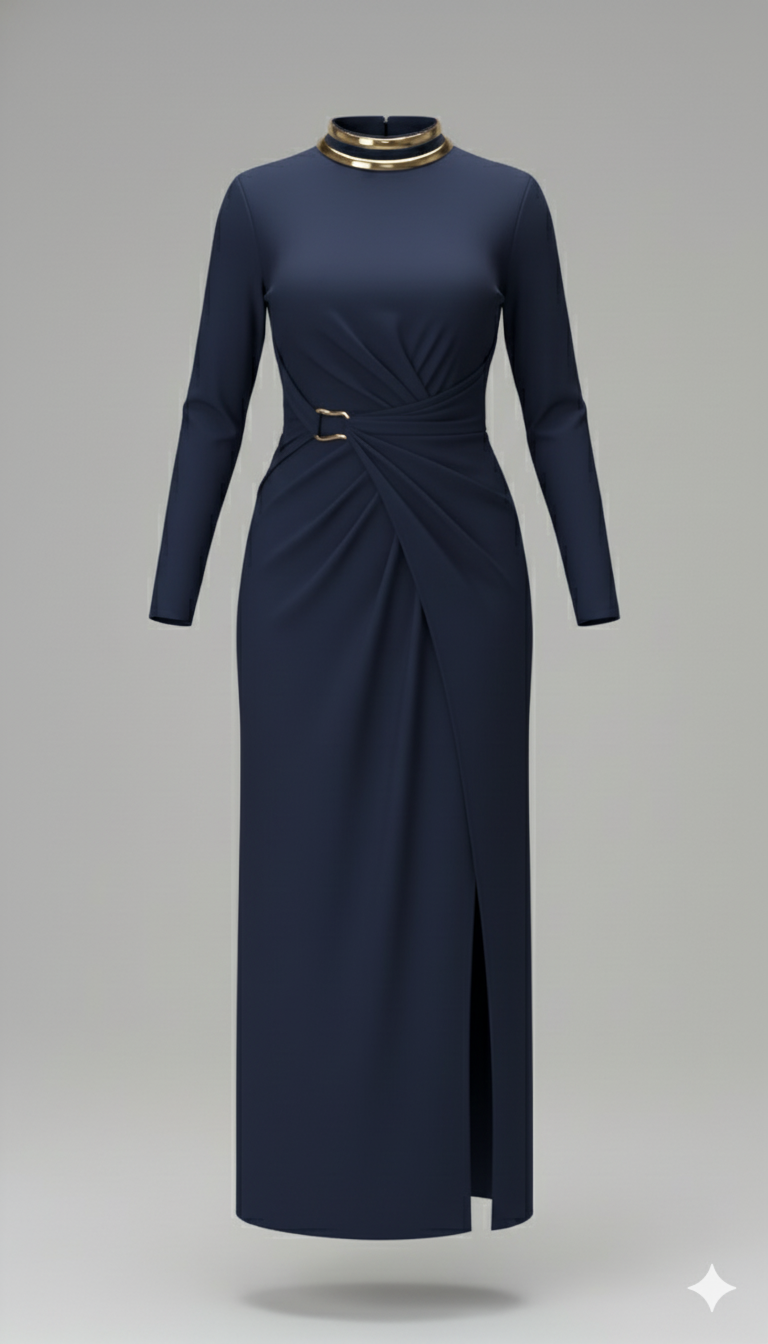 Kadın Balıkçı Yaka Toka Detaylı Sandy Kumaş Midi Elbise