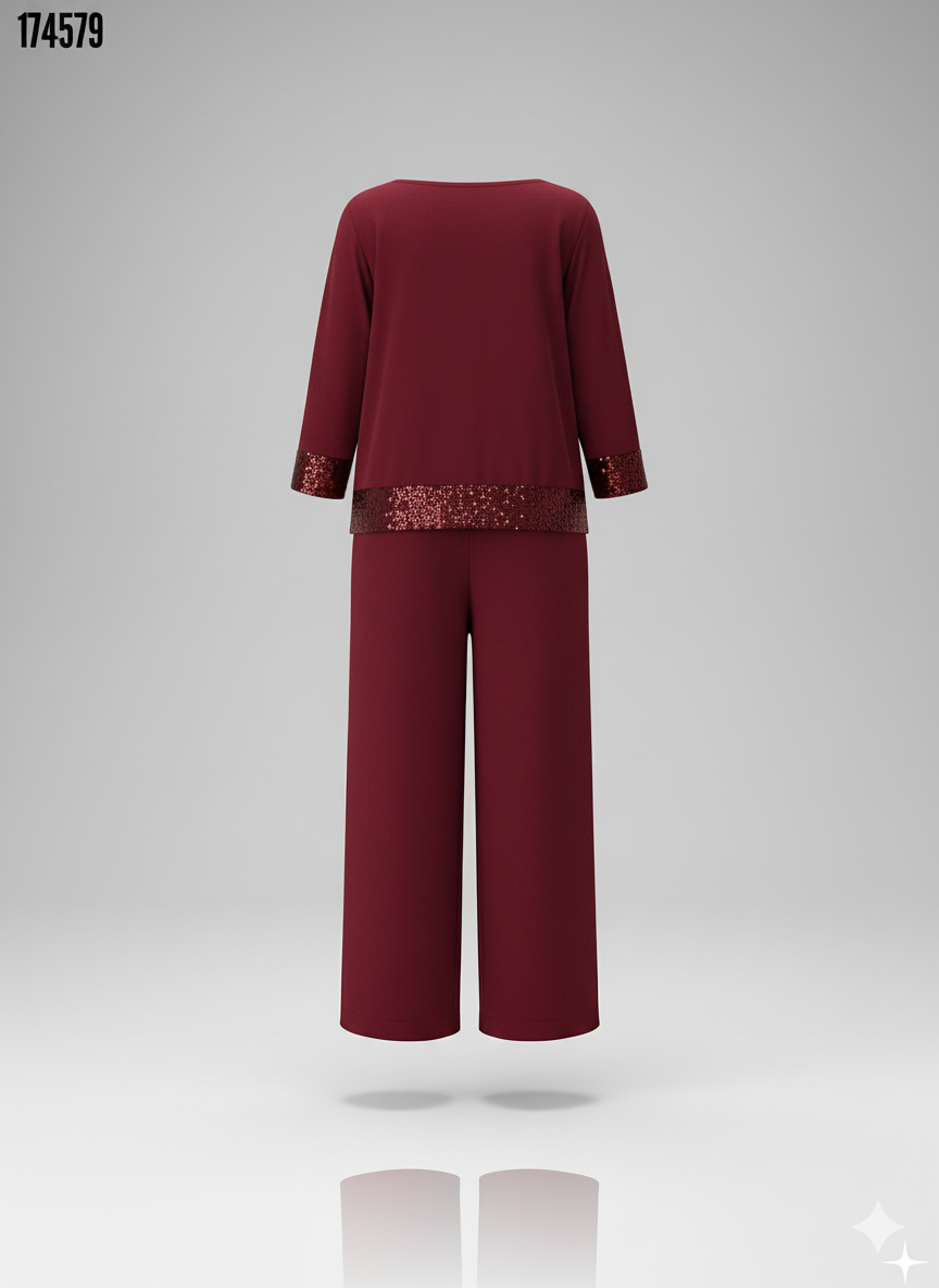 Kadın Bisiklet Yaka Pul Payetli Viskon İki İplik Bluz & Pantolon İkili Takım – Şık & Rahat Set