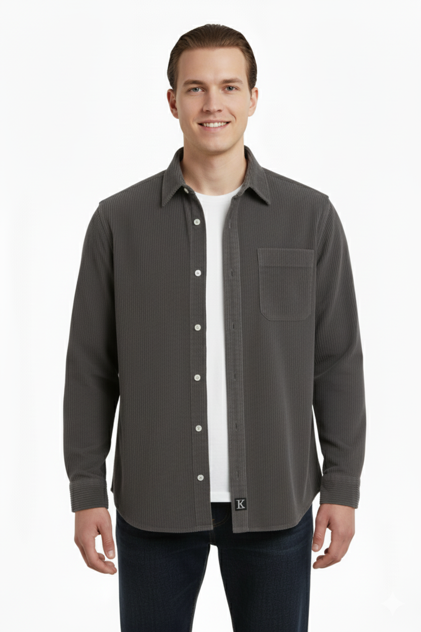 Erkek Fitilli Kadife Gömlek – Oversize Rahat Kalıp, Cepli, Yumuşak Dokulu Şık Üst (Haki)