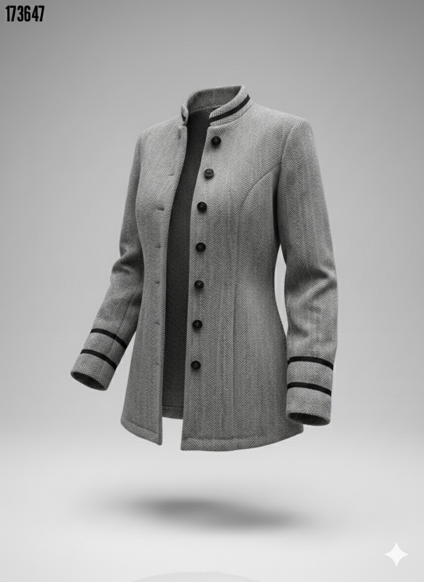 Kadın Hakim Yaka Düğme Detaylı Mini Dokuma Ceket – Şık & Modern Dış Giyim