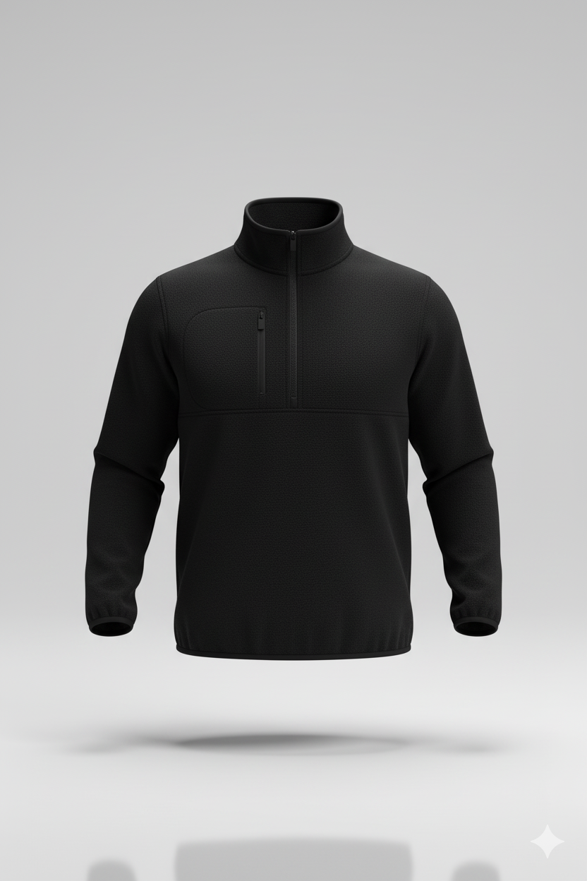 Erkek Polar Kazak – Dik Yaka Yarım Fermuarlı, Göğüs Cepli, Regular Fit Kışlık Siyah Polar