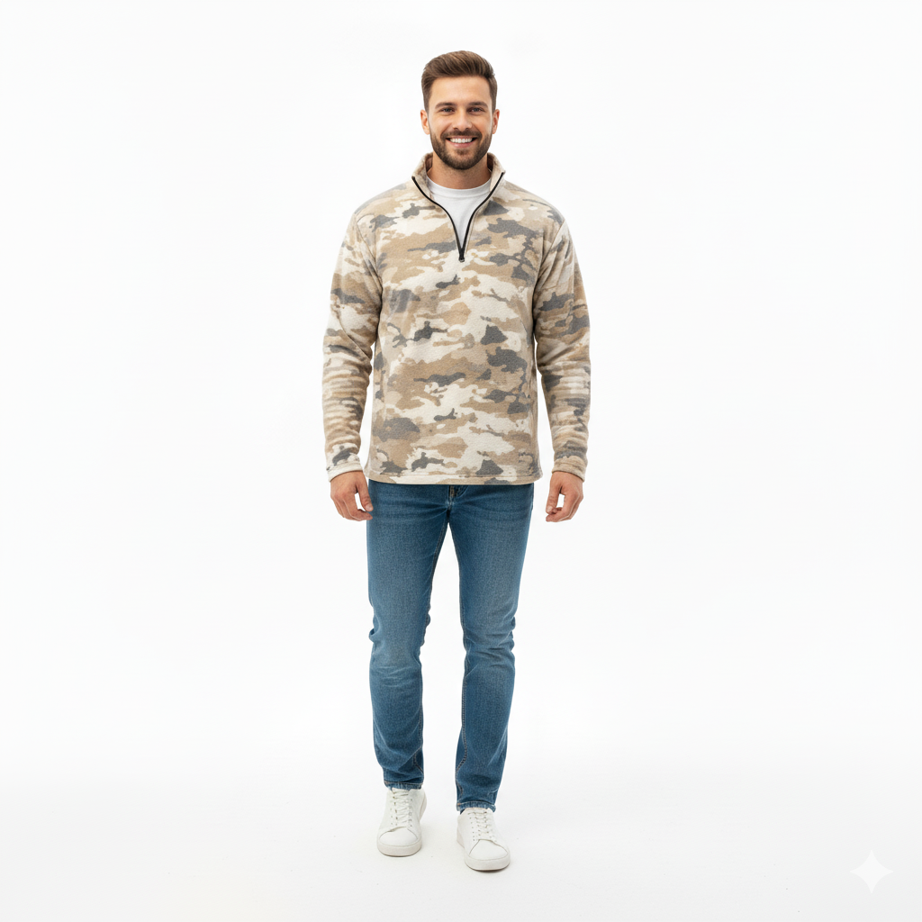 Erkek Tribal Desenli Polar Sweat – Yarım Fermuarlı, Oversize Rahat Kalıp, Etnik Desenli, Yumuşak Dokulu Uzun Kollu Polar