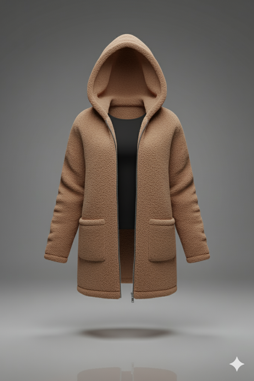 Kadın Kapşonlu Önden Fermuarlı Cepli Welsoft Peluş Ceket – Yumuşak & Sıcak Dış Giyim