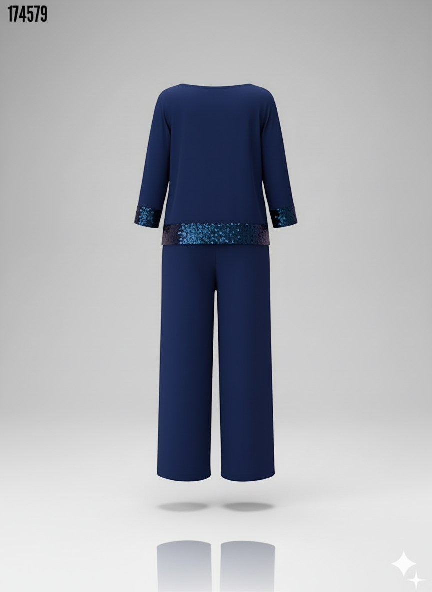 Kadın Bisiklet Yaka Pul Payetli Viskon İki İplik Bluz & Pantolon İkili Takım – Şık & Rahat Set