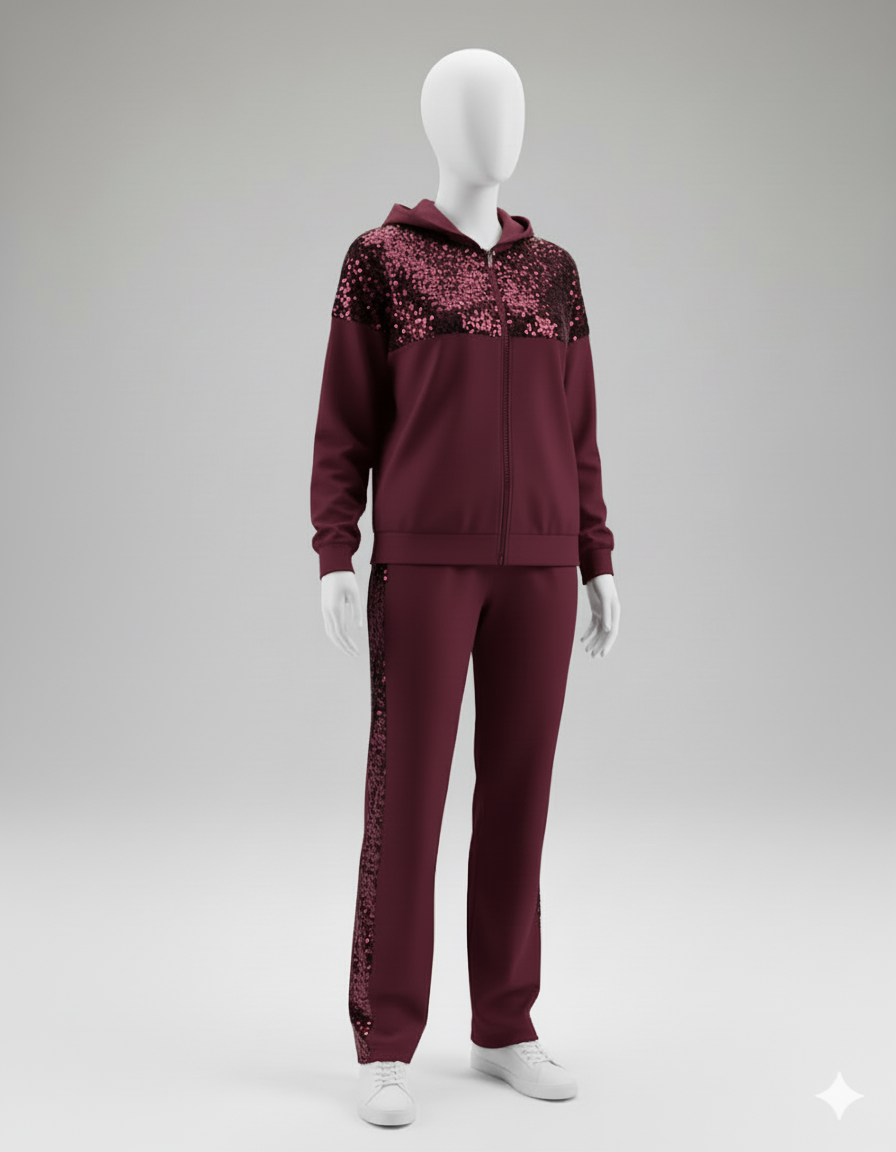 Kadın Önden Fermuarlı Pul Payetli Viskon İki İplik Alt-Üst Takım – Şık & Rahat Set