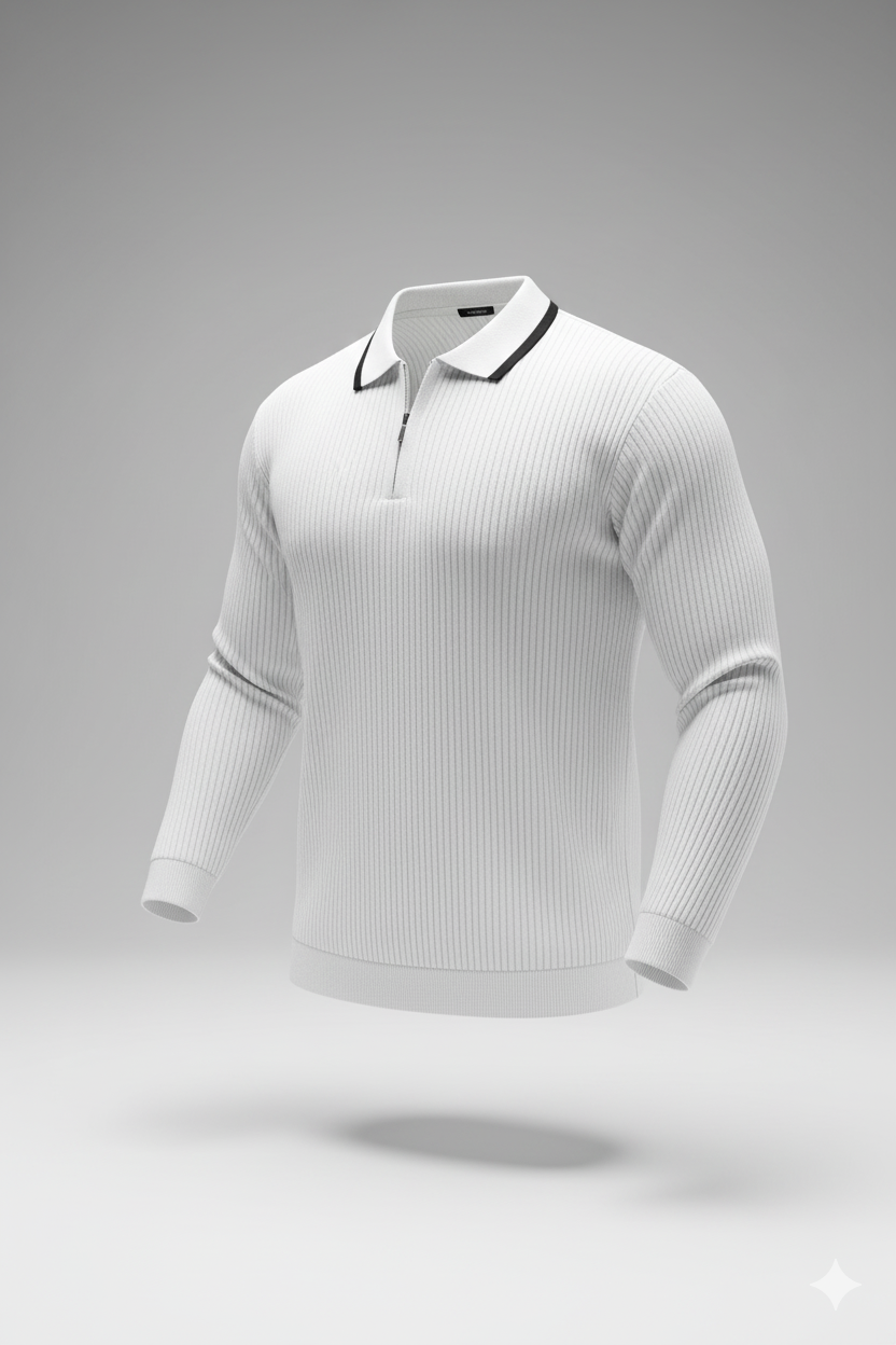 Erkek Fermuarlı Yarım V Yaka Şeritli Triko – Sportif & Şık Tasarım, Rahat Günlük Kazak