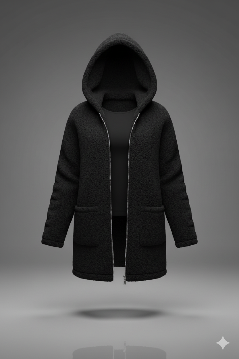 Kadın Kapşonlu Önden Fermuarlı Cepli Welsoft Peluş Ceket – Yumuşak & Sıcak Dış Giyim