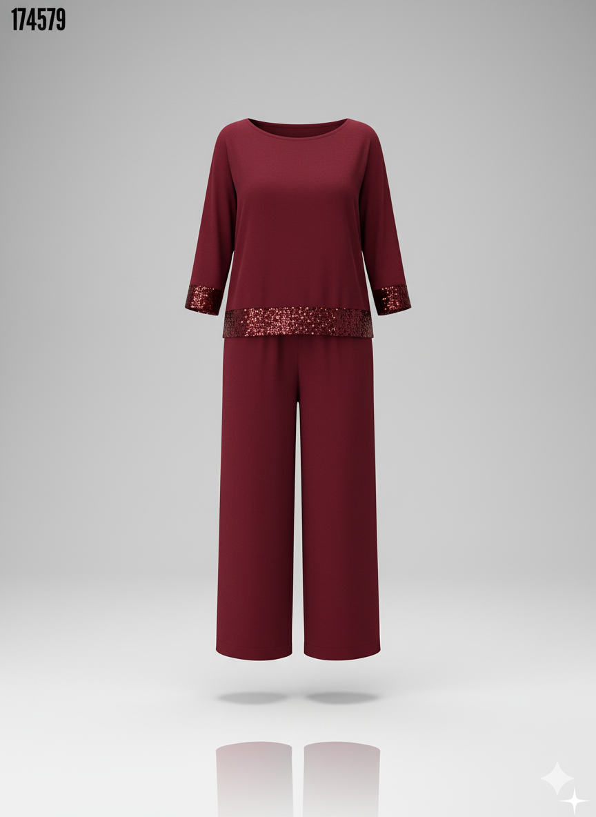 Kadın Bisiklet Yaka Pul Payetli Viskon İki İplik Bluz & Pantolon İkili Takım – Şık & Rahat Set