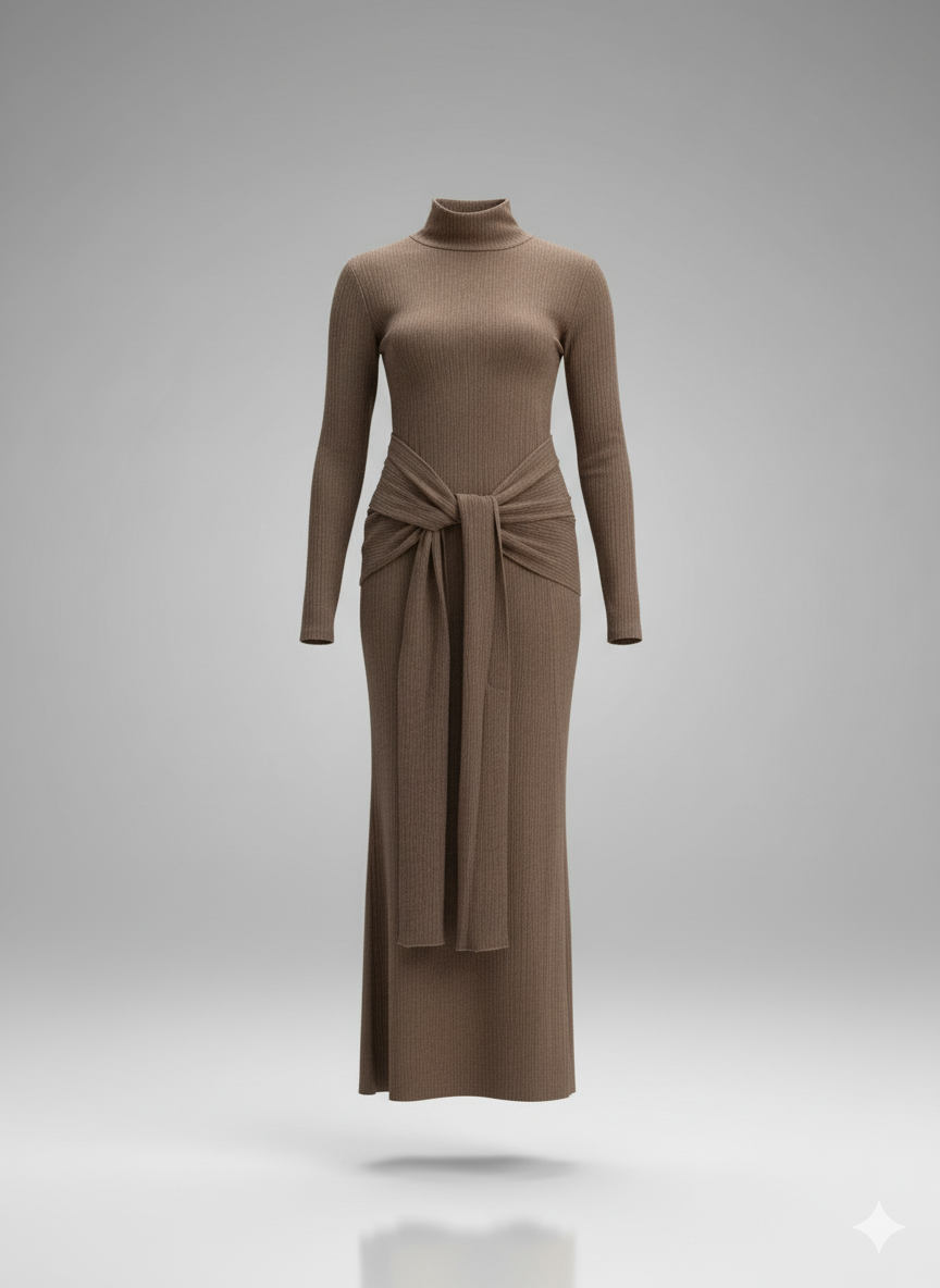 Kadın Balıkçı Yaka Uzun Kollu Bürümcük Kumaş Kuşaklı Kalem Elbise | Şık Midi Elbise