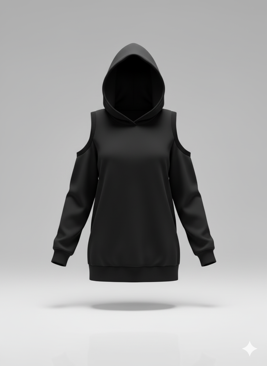 Kadın Uzun Kollu Kapüşonlu Omuzları Açık Viskon İki İplik Bluz