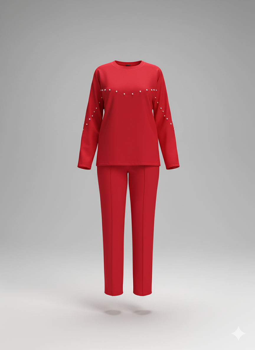 Kadın İnci Detaylı Modal Kumaş İkili Takım – Şık & Rahat Bluz Pantolon Set