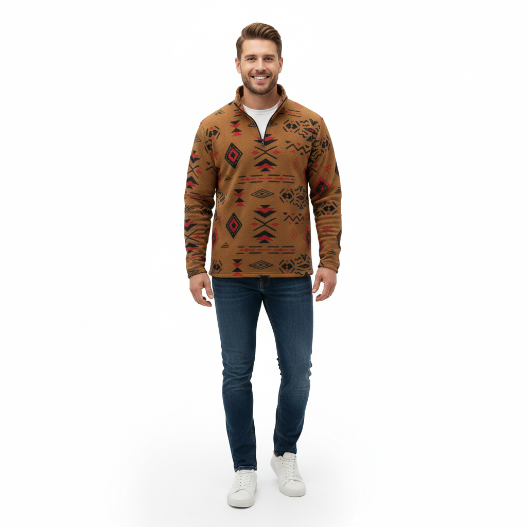 Erkek Tribal Desenli Polar Sweat – Yarım Fermuarlı, Oversize Rahat Kalıp, Etnik Desenli, Yumuşak Dokulu Uzun Kollu Polar