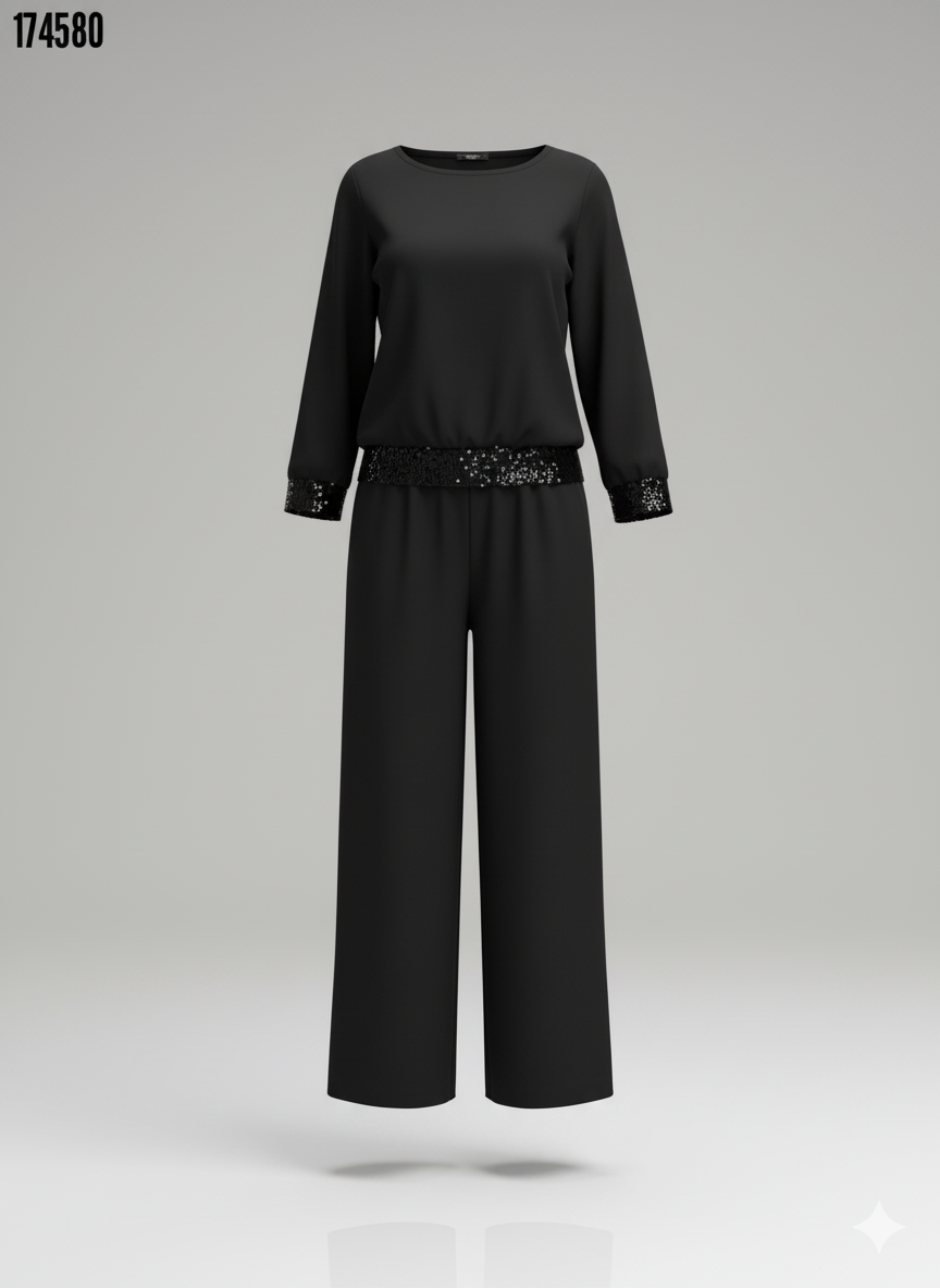 Kadın Bisiklet Yaka Pul Payetli Viskon İki İplik Bluz & Pantolon İkili Takım – Şık & Rahat Set