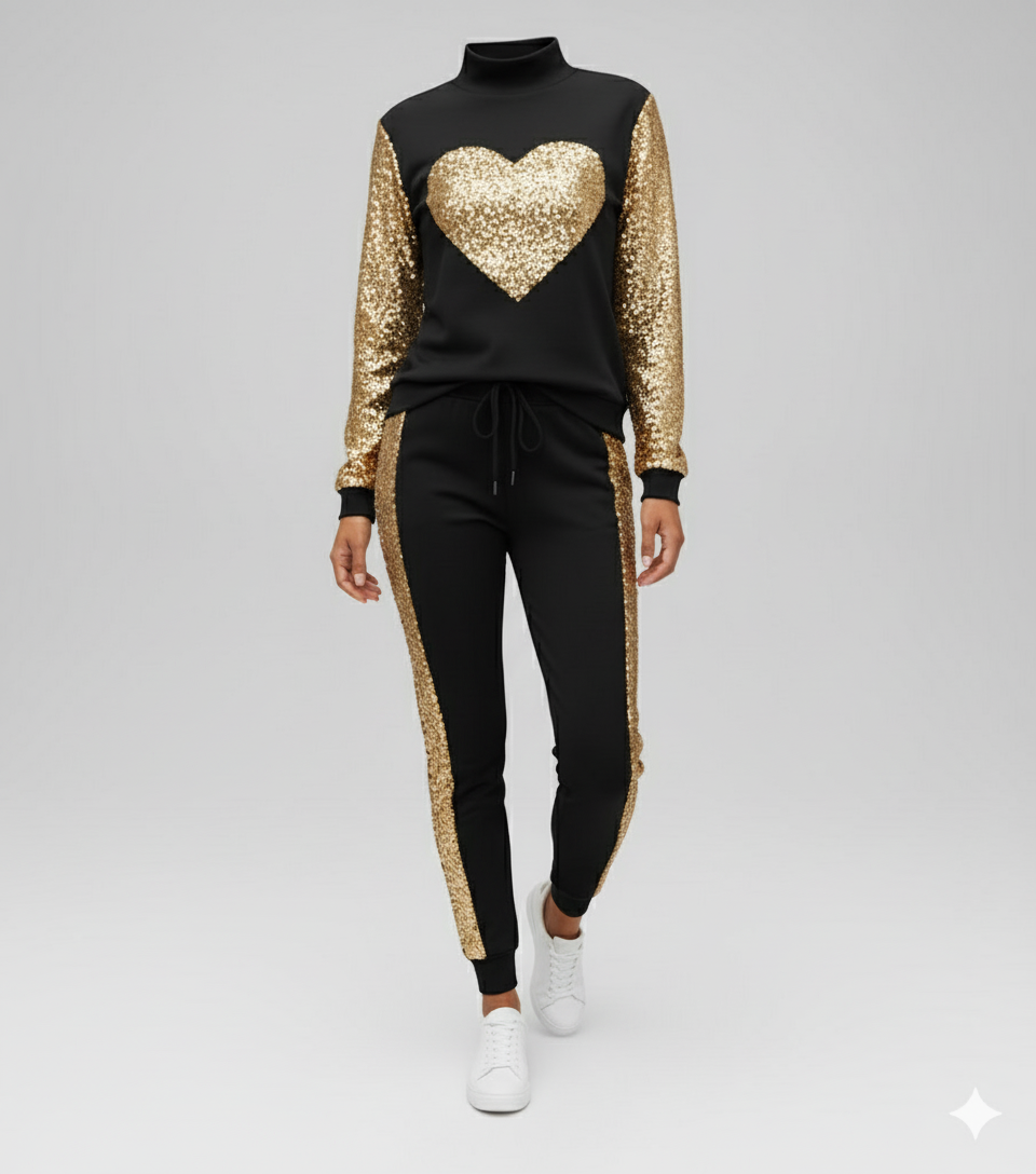 Kadın Pul Payet Detaylı Yarım Balıkçı Yaka İkili Takım – Şık & Modern İki İplik Set