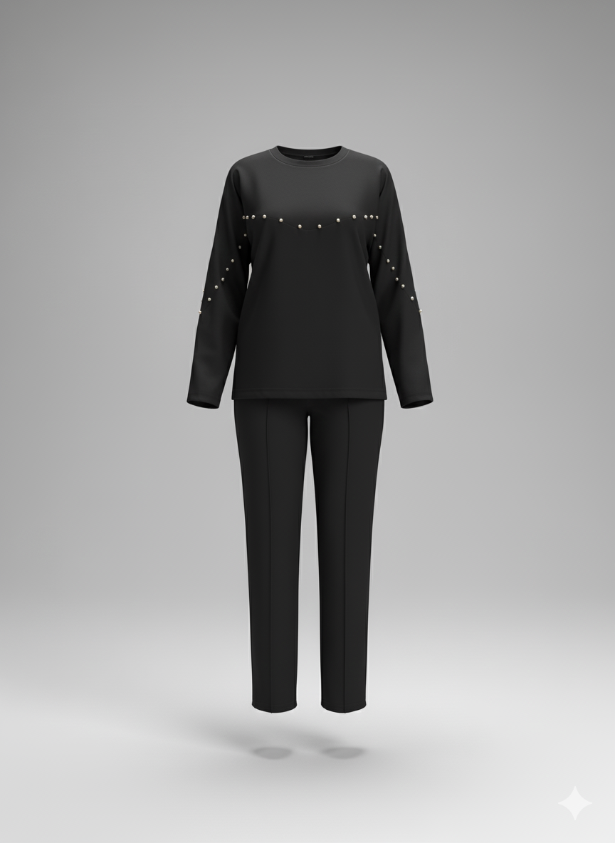 Kadın İnci Detaylı Modal Kumaş İkili Takım – Şık & Rahat Bluz Pantolon Set