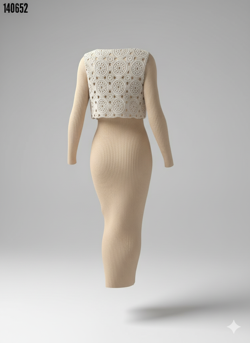 Kadın Bisiklet Yaka Midi Elbise & Dantel Güpür Detaylı Yelek | Şık İkili Takım