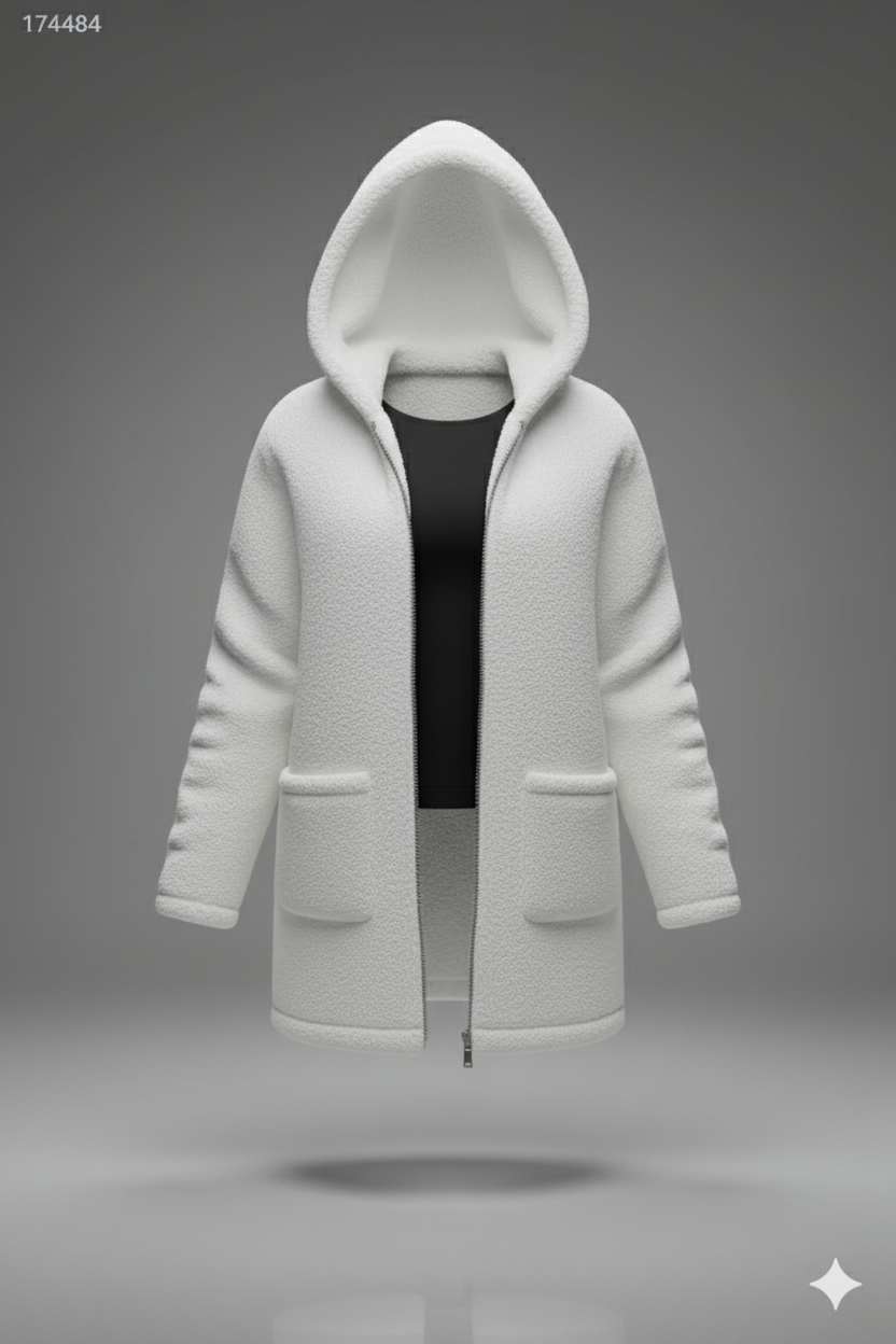 Kadın Kapşonlu Önden Fermuarlı Cepli Welsoft Peluş Ceket – Yumuşak & Sıcak Dış Giyim