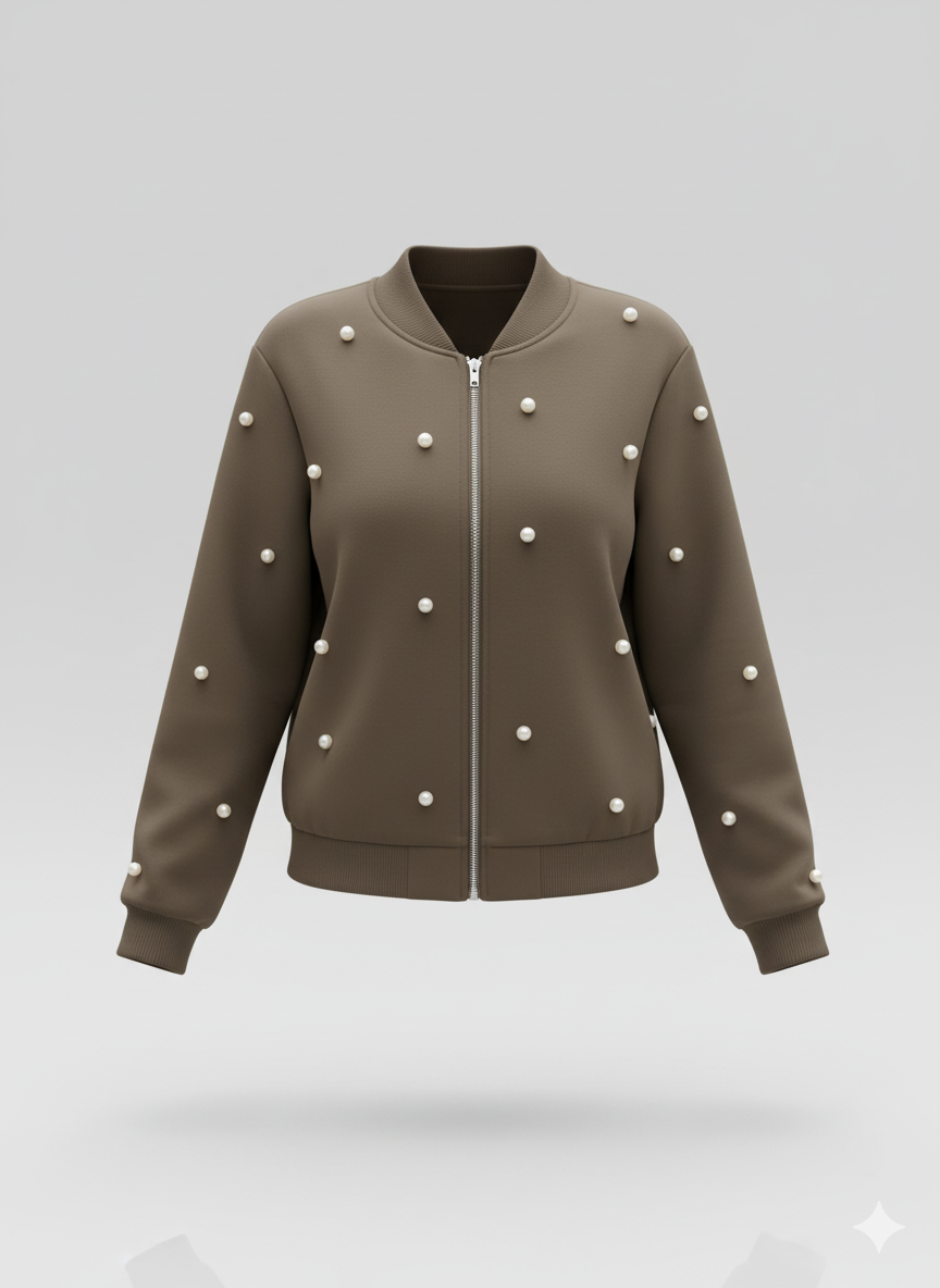 Kadın Uzun Kollu Önden Fermuarlı İnci Detaylı Kısa Modal Ceket