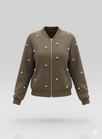 Kadın Uzun Kollu Önden Fermuarlı İnci Detaylı Kısa Modal Ceket