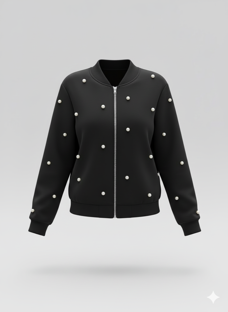 Kadın Uzun Kollu Önden Fermuarlı İnci Detaylı Kısa Modal Ceket