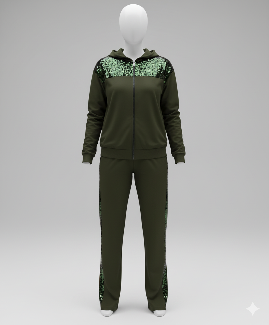 Kadın Önden Fermuarlı Pul Payetli Viskon İki İplik Alt-Üst Takım – Şık & Rahat Set