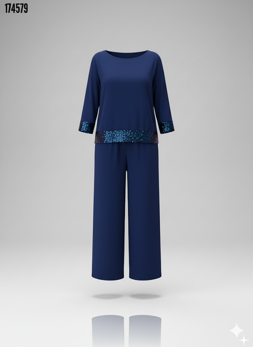 Kadın Bisiklet Yaka Pul Payetli Viskon İki İplik Bluz & Pantolon İkili Takım – Şık & Rahat Set