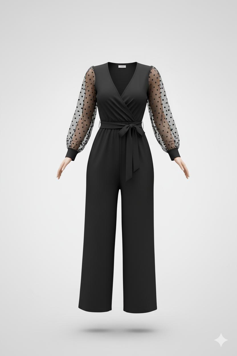 Kadın Kruvaze Yaka Kuşaklı Tül Detaylı İthal Krep Tulum – Şık & Zarif Tasarım