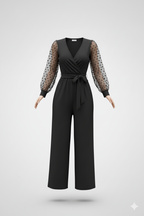 Kadın Kruvaze Yaka Kuşaklı Tül Detaylı İthal Krep Tulum – Şık & Zarif Tasarım