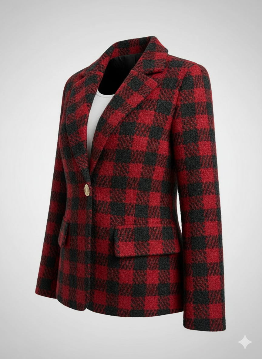 Kadın Yakalı Kare Desenli Ekoseli Düğmeli Ceket – Şık & Modern Dış Giyim