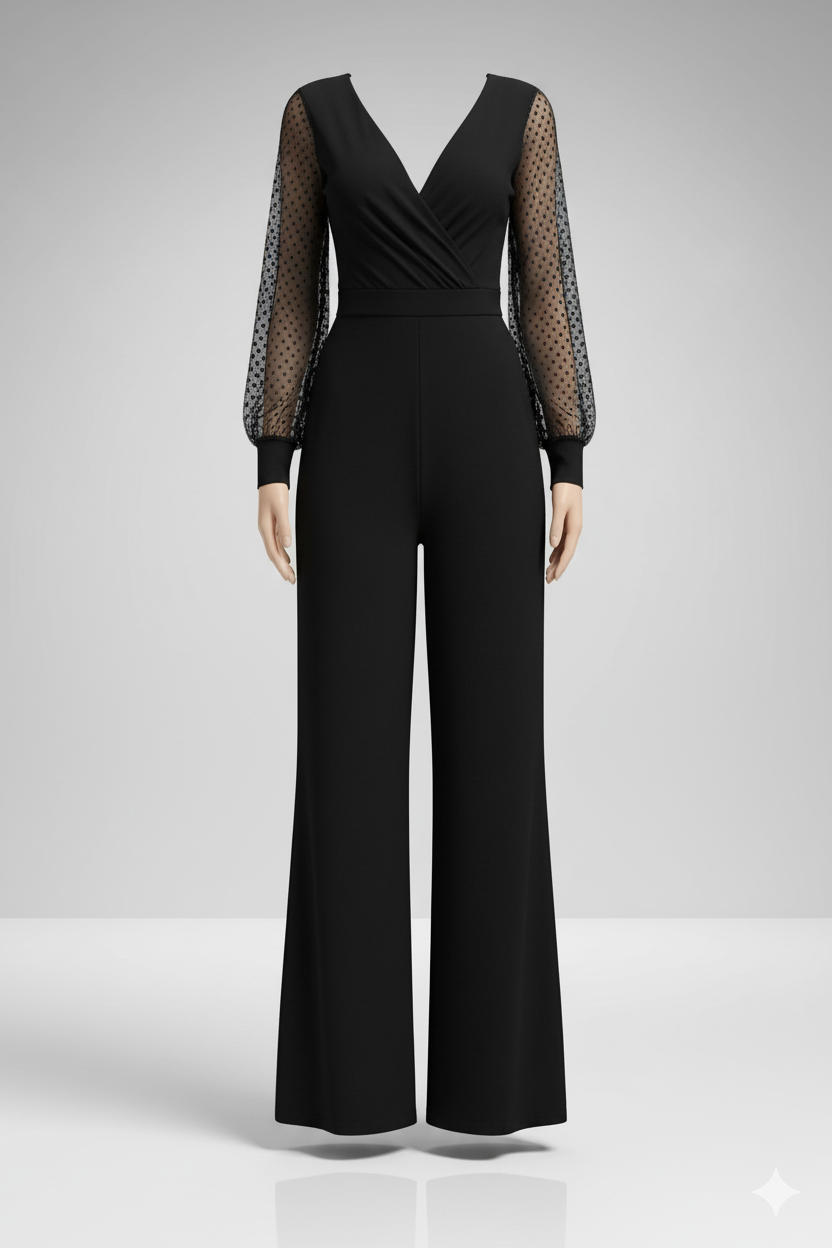 Kadın Derin V Yaka Puantiyeli Tül Kol Detaylı İspanyol Paça Tulum – Şık & Modern Tasarım