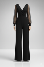 Kadın Derin V Yaka Puantiyeli Tül Kol Detaylı İspanyol Paça Tulum – Şık & Modern Tasarım