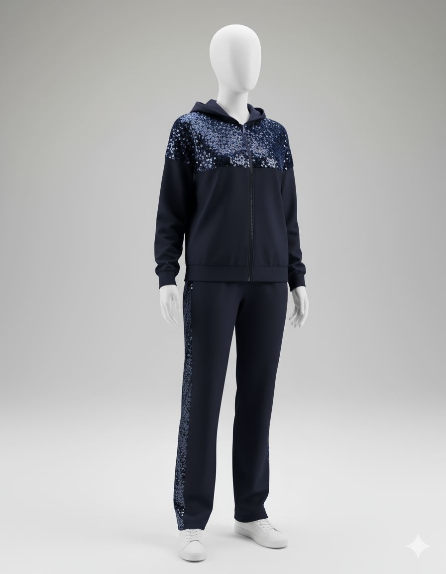 Kadın Önden Fermuarlı Pul Payetli Viskon İki İplik Alt-Üst Takım – Şık & Rahat Set