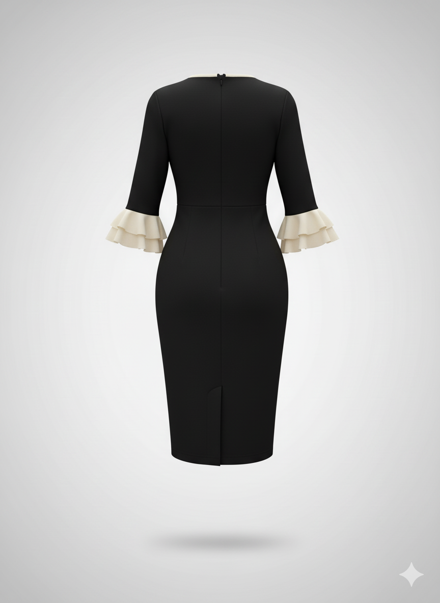 Kadın Truvakar Kollu Fiyonk Yakalı Midi İthal Krep Elbise – Şık Zarif Tasarım