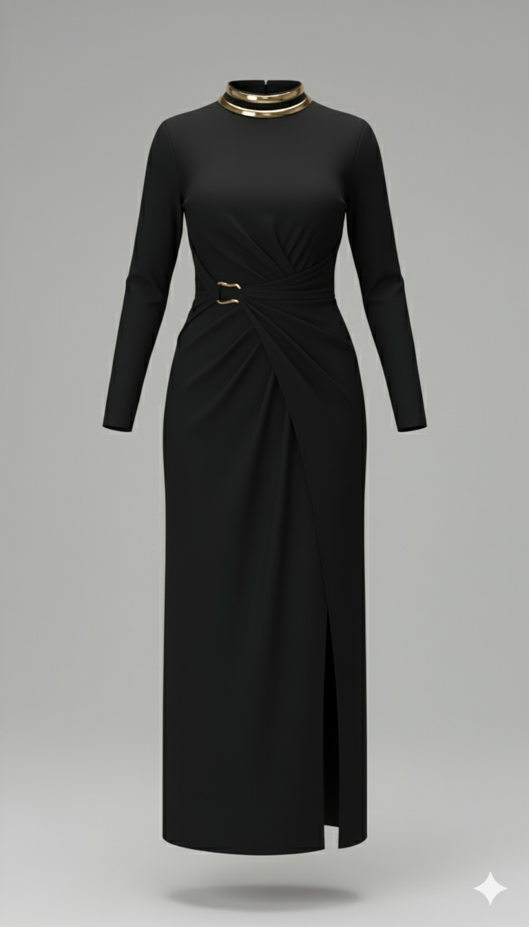 Kadın Balıkçı Yaka Toka Detaylı Sandy Kumaş Midi Elbise