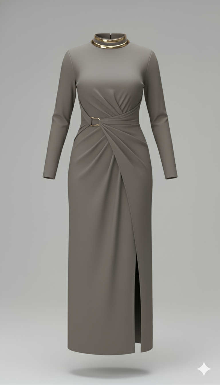 Kadın Balıkçı Yaka Toka Detaylı Sandy Kumaş Midi Elbise