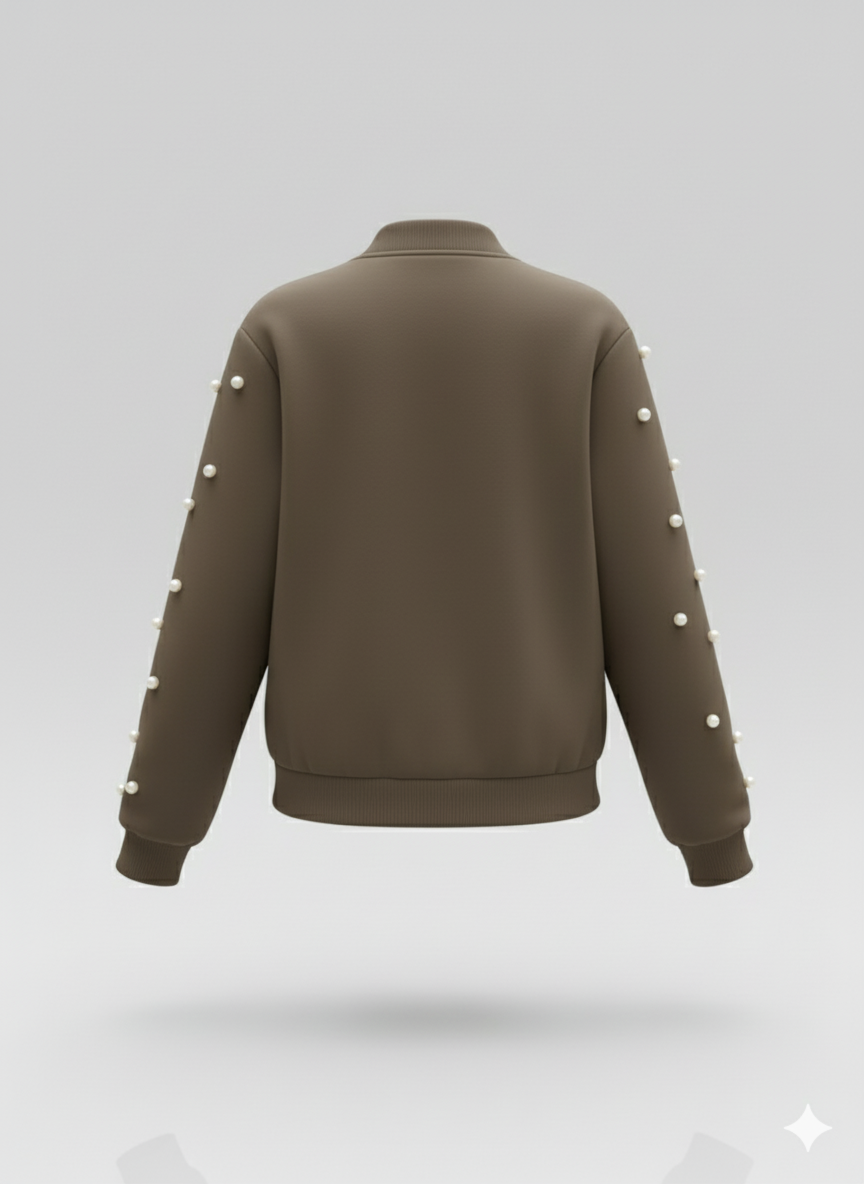 Kadın Uzun Kollu Önden Fermuarlı İnci Detaylı Kısa Modal Ceket