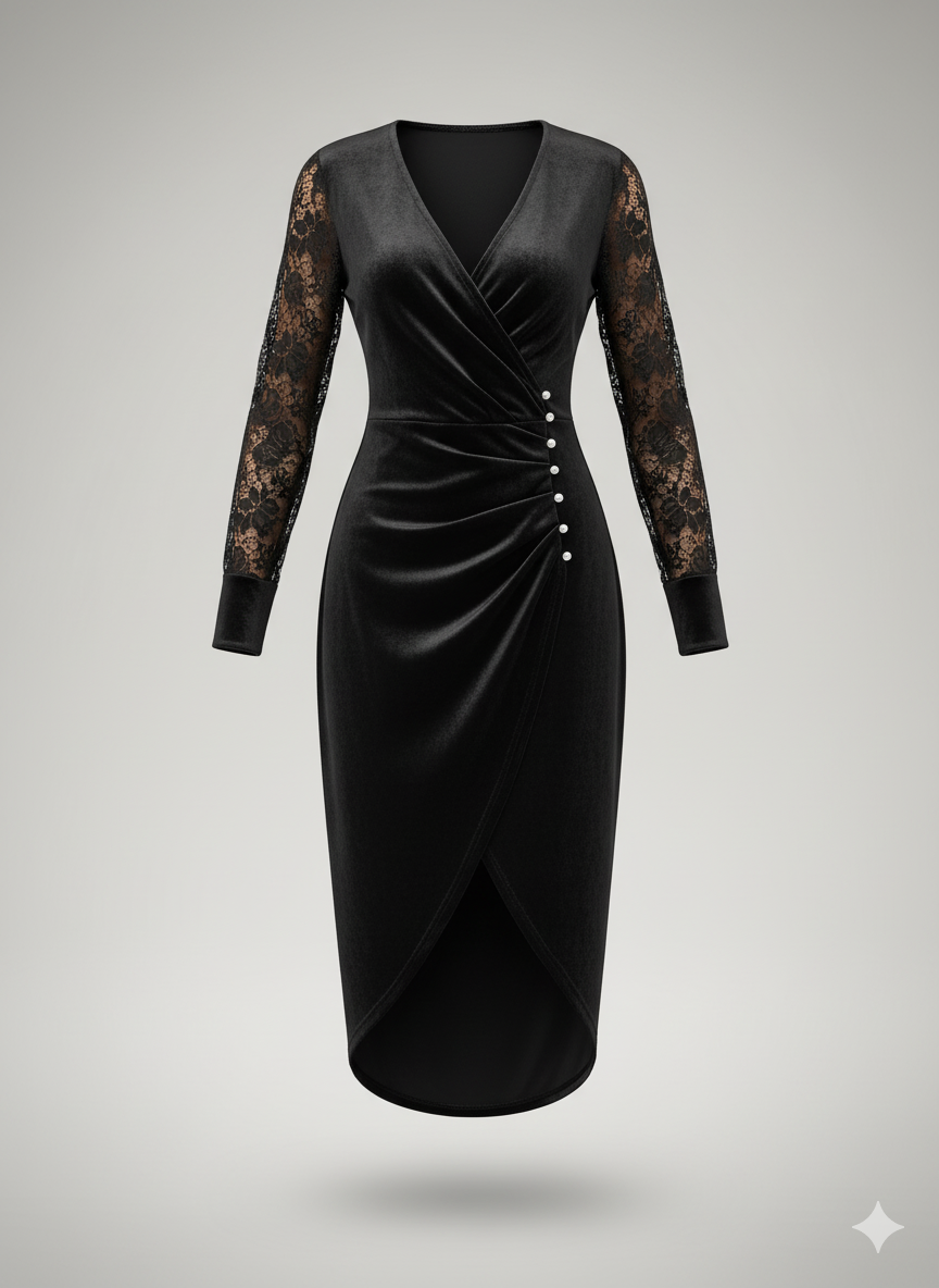 Kadın Kruvaze Yaka Yandan Düğmeli Çapraz Kesim Detaylı Midi Kadife Elbise – Şık & Zarif Tasarım