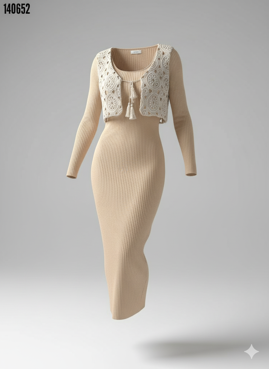 Kadın Bisiklet Yaka Midi Elbise & Dantel Güpür Detaylı Yelek | Şık İkili Takım